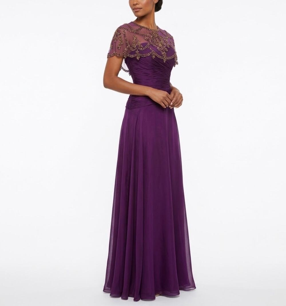 Jovani 1563 Purple Evening Gown Strapless Silk A-Line Beaded Cape Dress Size 6